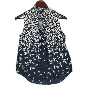 Ann Taylor Women SP Blouse Polyester Black White Botanical Sleeveless Tie Neck